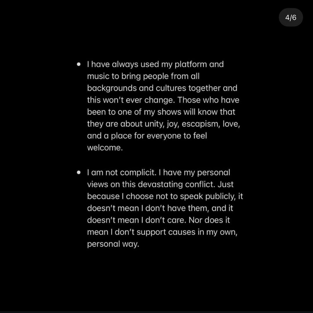 screenshot of ed sheeran's statement about palestine in reference to macklemore and pink